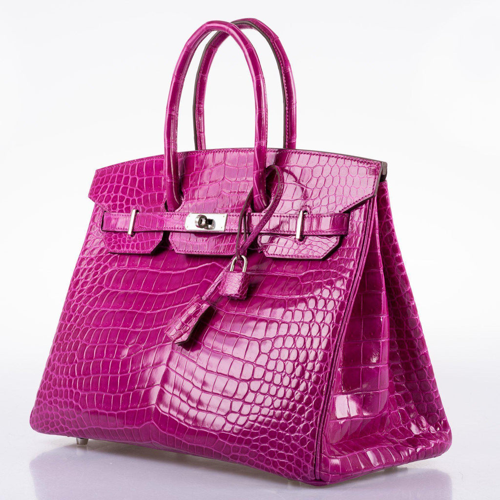Hermes Birkin 35 Rose Scheherazade Shiny Porosus Crocodile Palladium Hardware