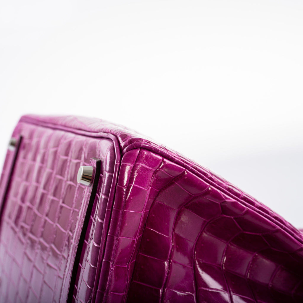 Hermes Birkin 35 Rose Scheherazade Shiny Porosus Crocodile Palladium Hardware