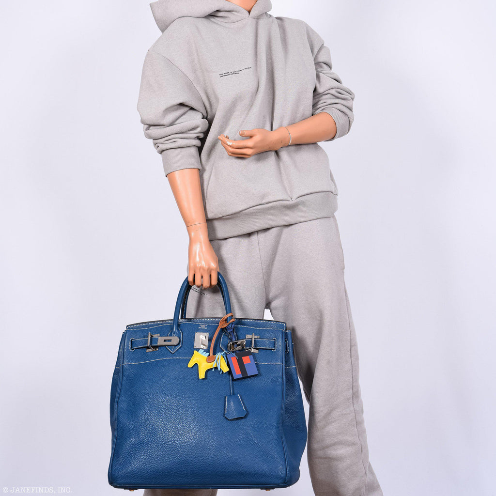 Hermes Birkin 40 HAC Blue Thalassa Togo & White Stitching Palladium Hardware