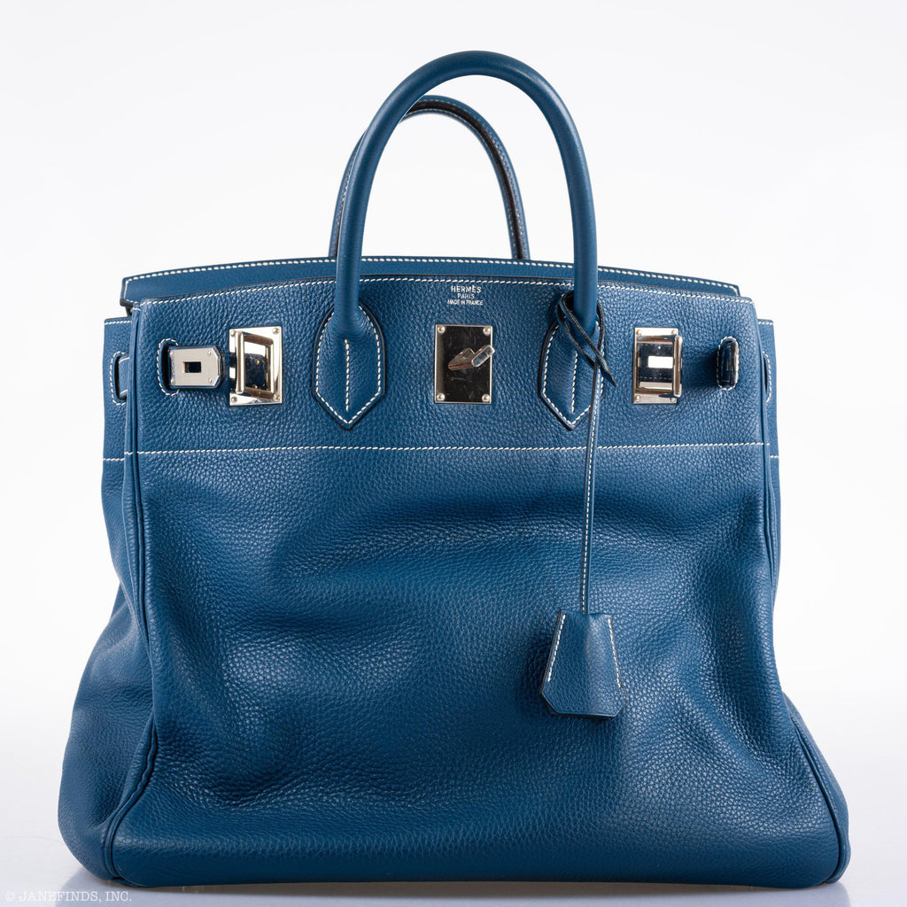 Hermes Birkin 40 HAC Blue Thalassa Togo & White Stitching Palladium Hardware