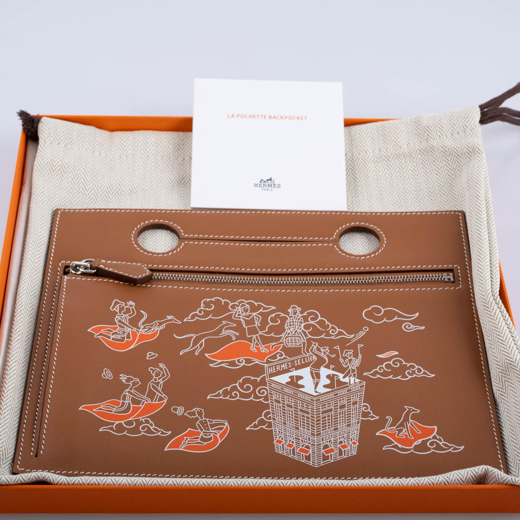 Hermes Birkin Pochette Backpocket Printed Gold Swift with Palladium Hardware
