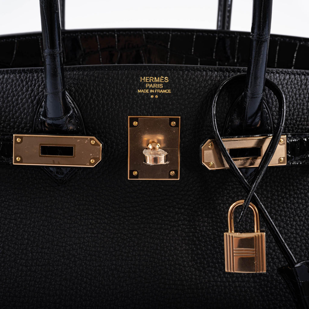 Hermes Birkin Touch 30 Black Novillo & Niloticus Crocodile Rose Gold Hardware