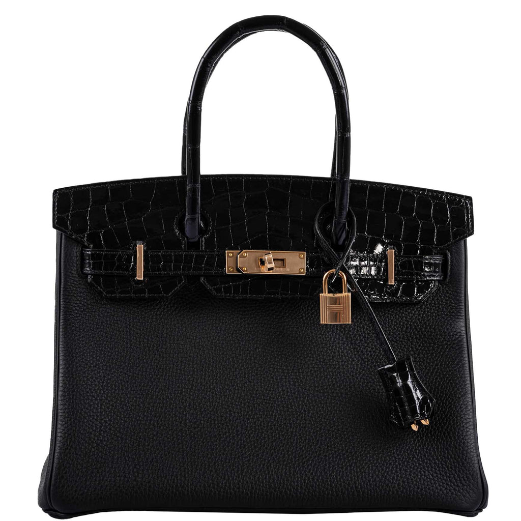 Hermes Birkin Touch 30 Black Novillo & Niloticus Crocodile Rose Gold Hardware