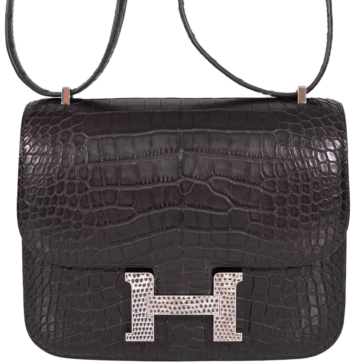 Hermes Constance 18 Mini Black Noir Matte Alligator with Lizard Buckle Palladium Hardware