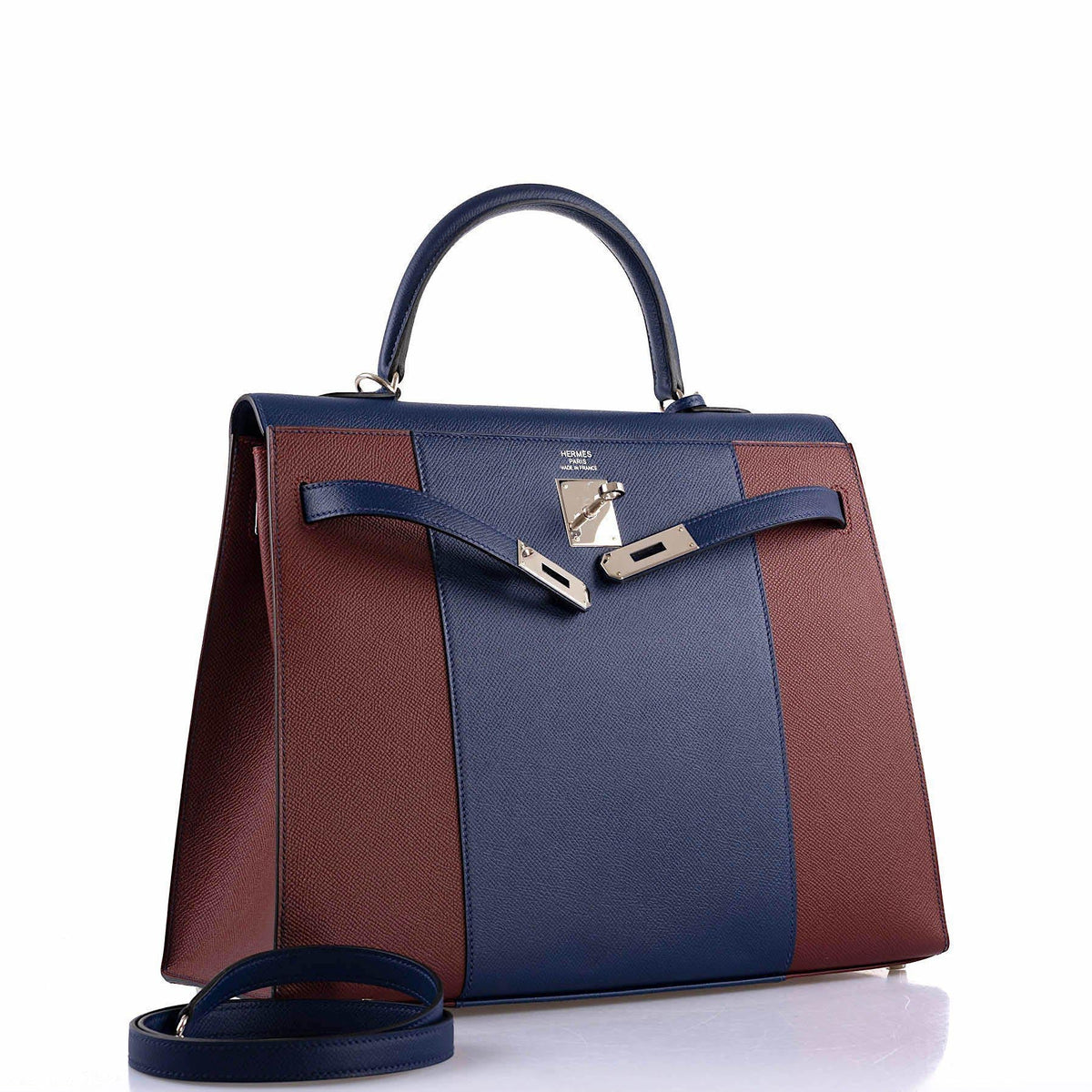 Hermes Flag Kelly 35 Sellier Blue Saphir & Rouge H Epsom Palladium Hardware