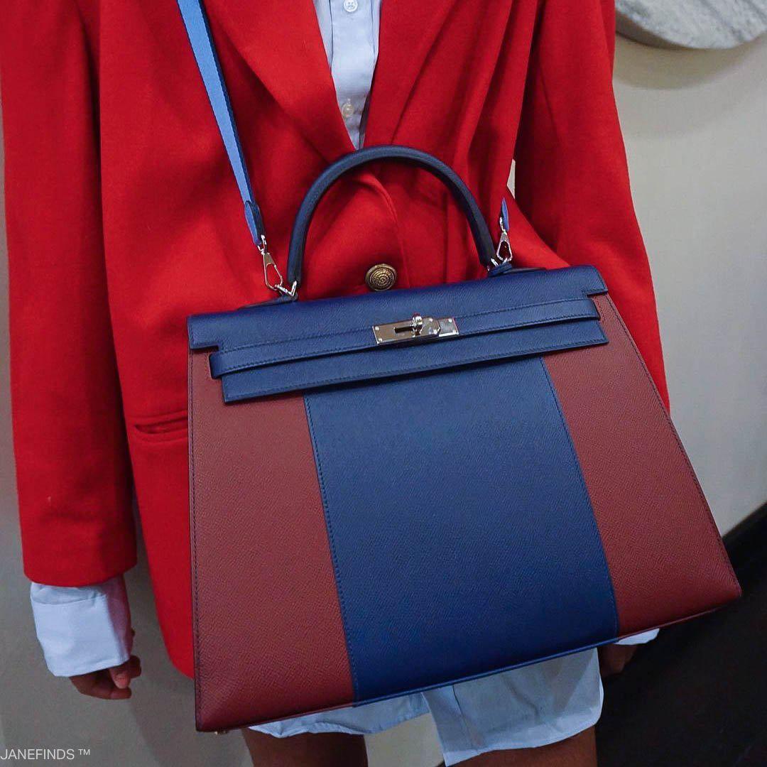 Hermes Flag Kelly 35 Sellier Blue Saphir & Rouge H Epsom Palladium Hardware