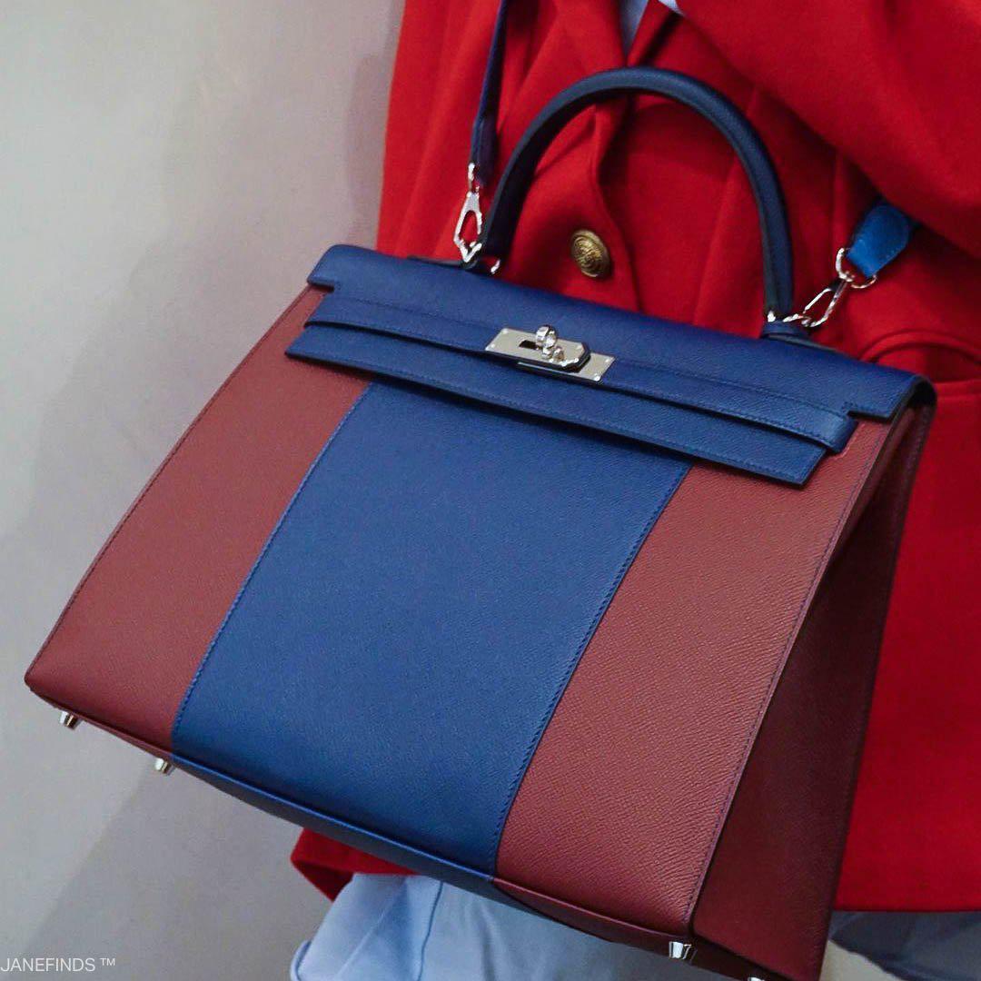 Hermes Flag Kelly 35 Sellier Blue Saphir & Rouge H Epsom Palladium Hardware