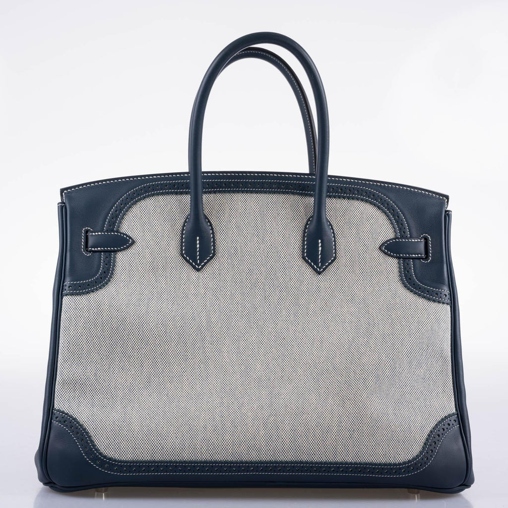 Hermes Ghillies Birkin 35 Blue de Prusse Swift & Toile with Palladium Hardware