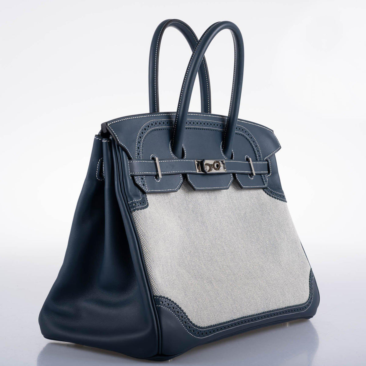 Hermes Ghillies Birkin 35 Blue de Prusse Swift & Toile with Palladium Hardware