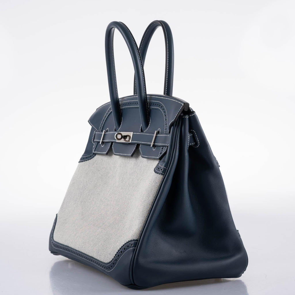 Hermes Ghillies Birkin 35 Blue de Prusse Swift & Toile with Palladium Hardware