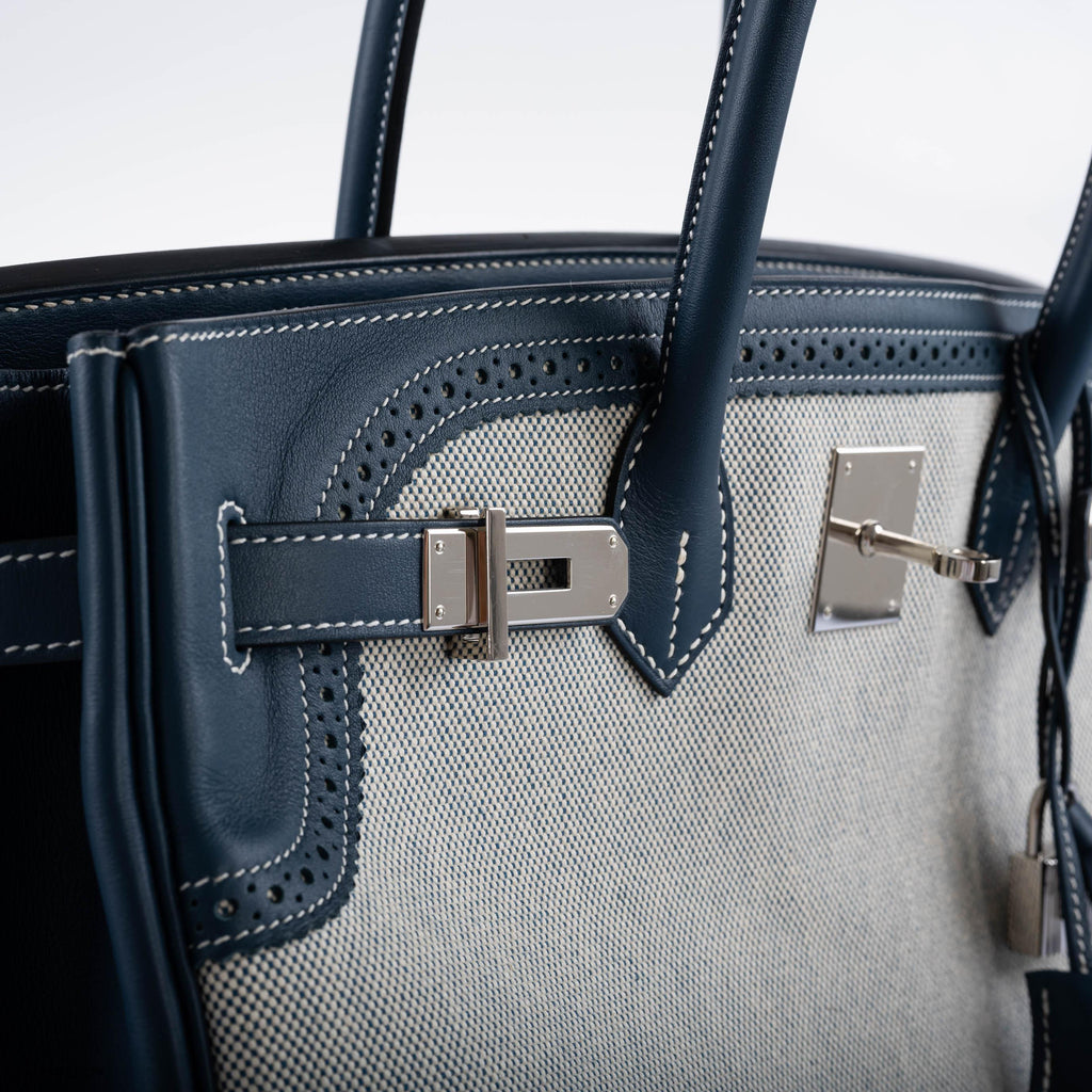 Hermes Ghillies Birkin 35 Blue de Prusse Swift & Toile with Palladium Hardware