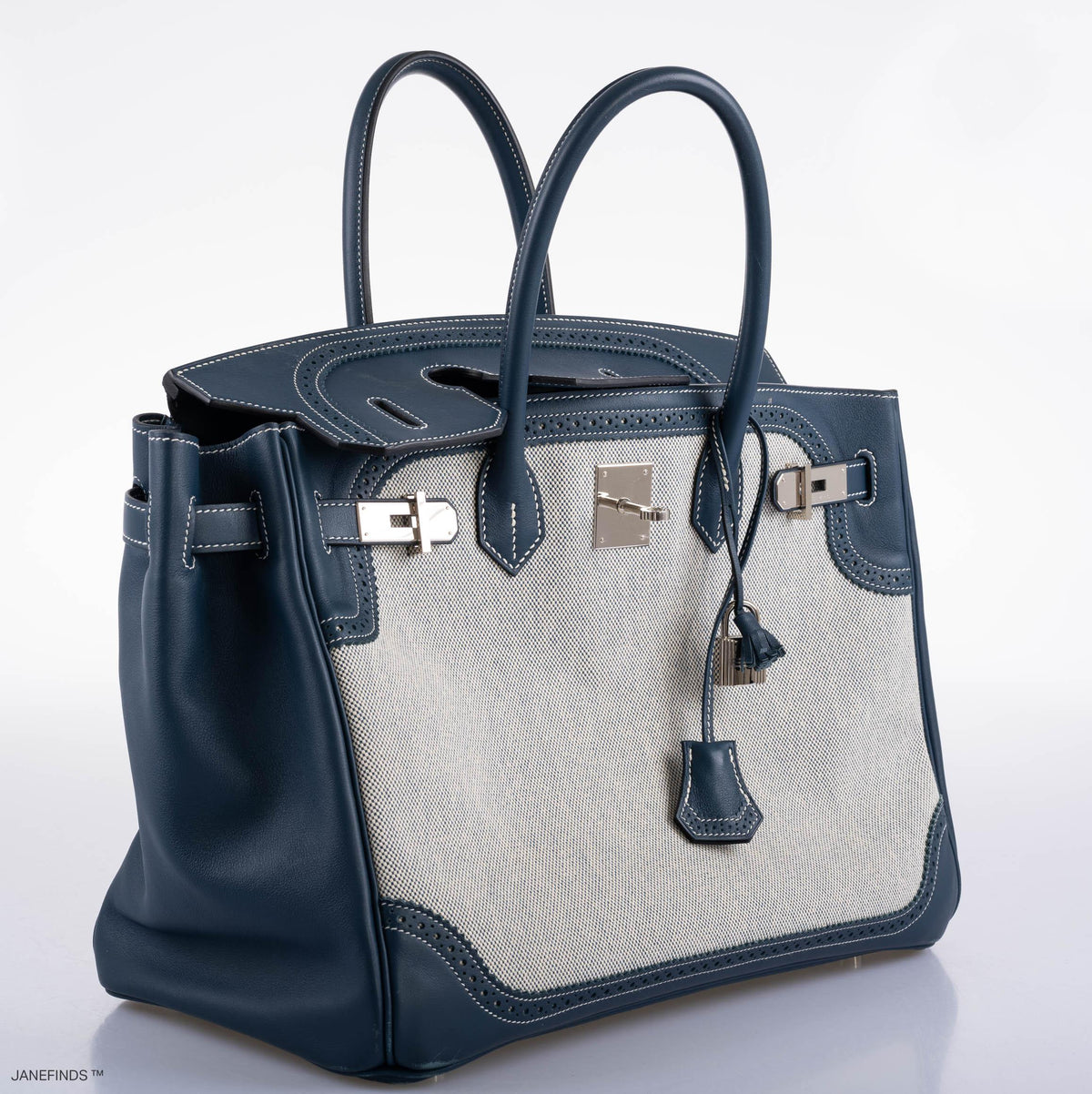 Hermes Ghillies Birkin 35 Blue de Prusse Swift & Toile with Palladium Hardware