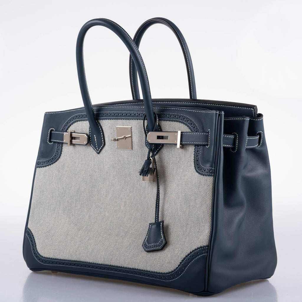 Hermes Ghillies Birkin 35 Blue de Prusse Swift & Toile with Palladium Hardware