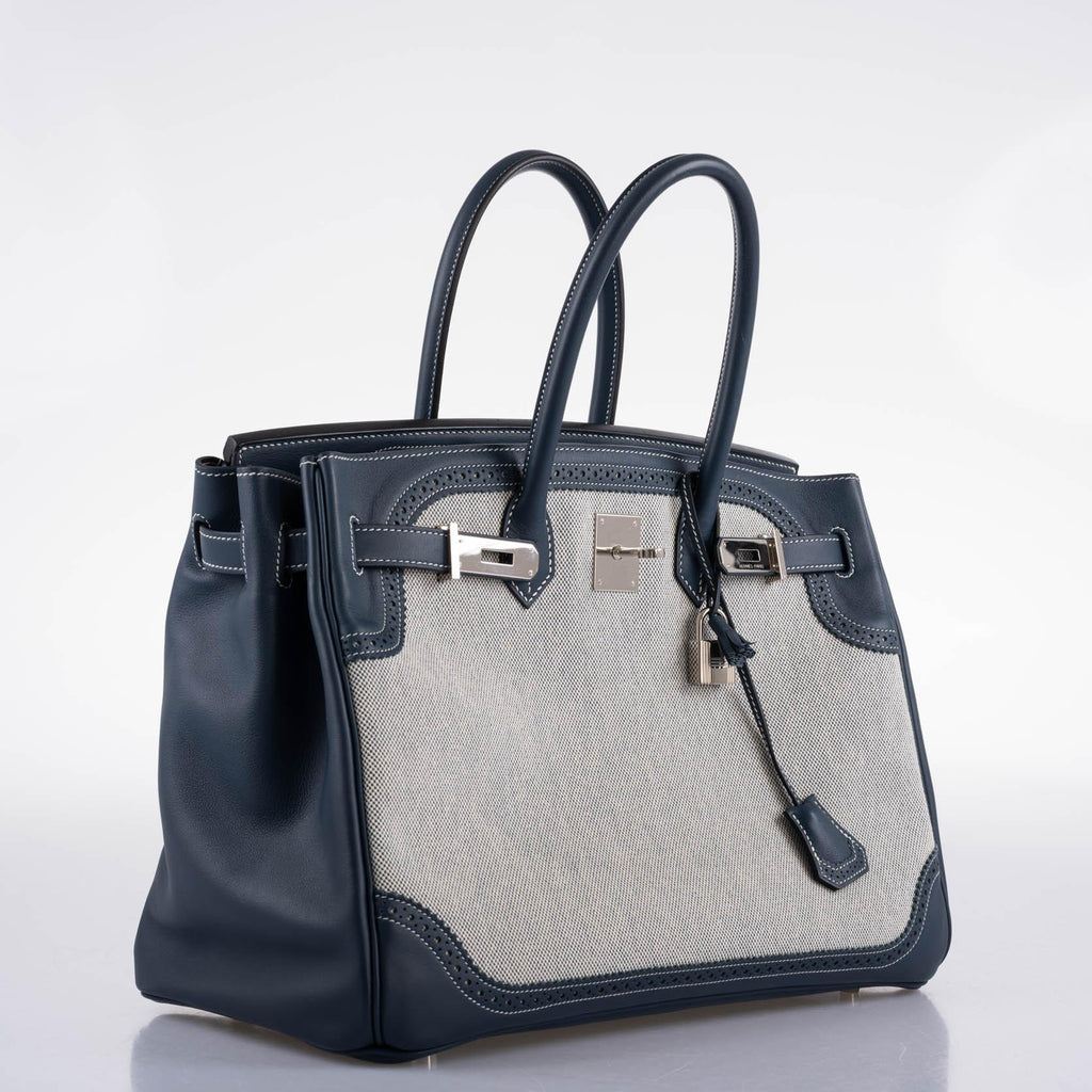 Hermes Ghillies Birkin 35 Blue de Prusse Swift & Toile with Palladium Hardware