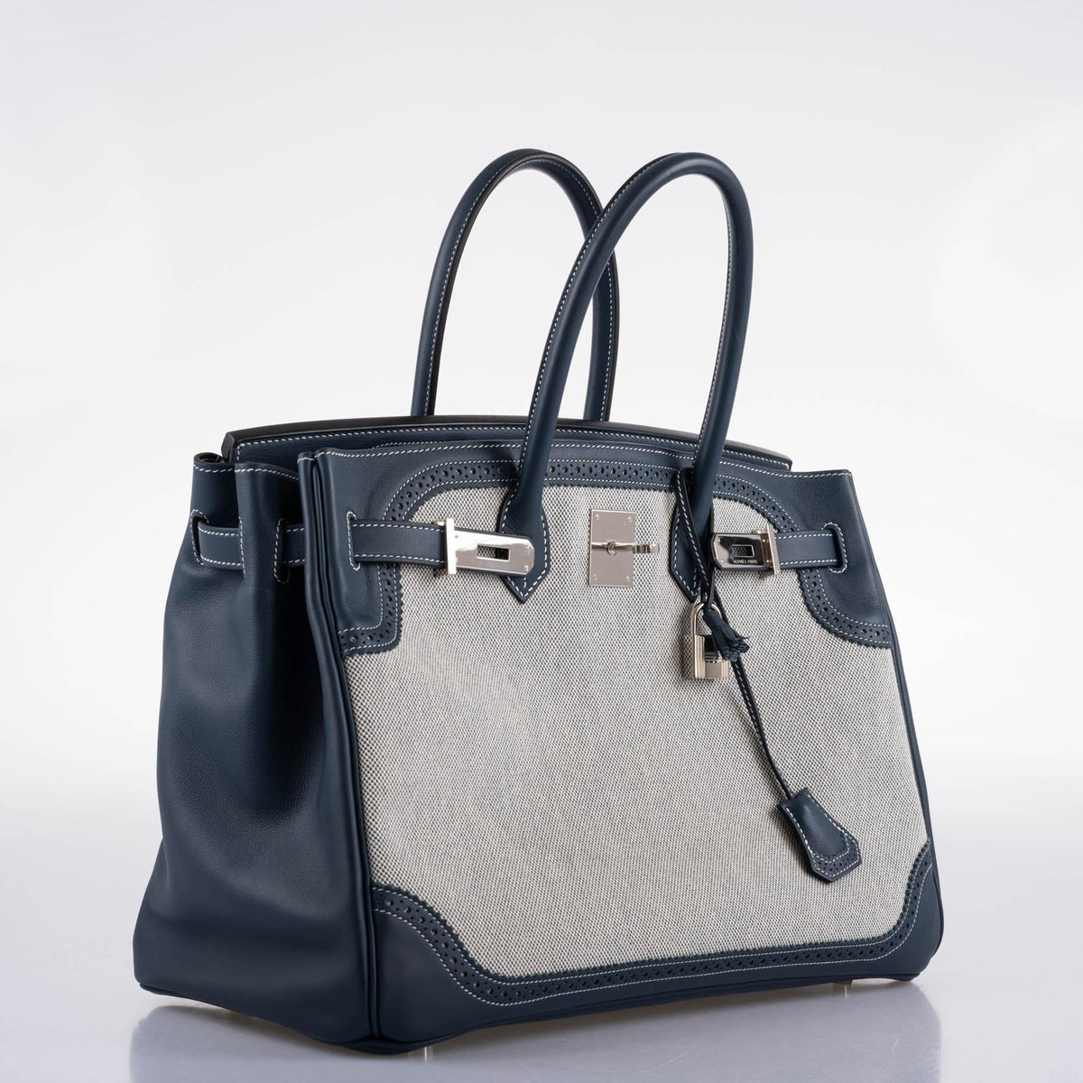 Hermes Ghillies Birkin 35 Blue de Prusse Swift & Toile with Palladium Hardware