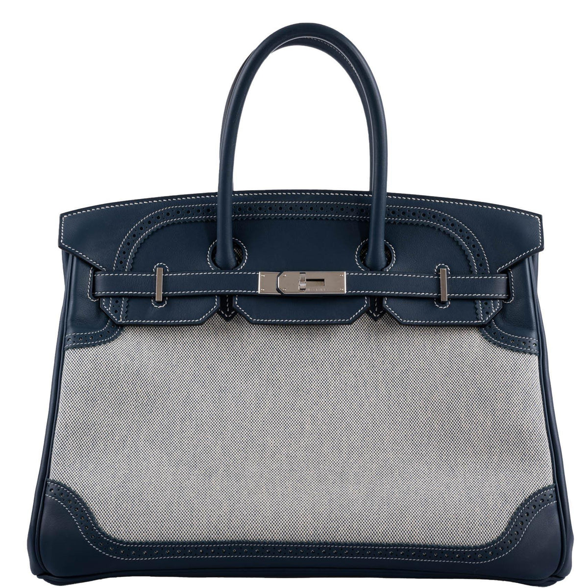 Hermes Ghillies Birkin 35 Blue de Prusse Swift & Toile with Palladium Hardware