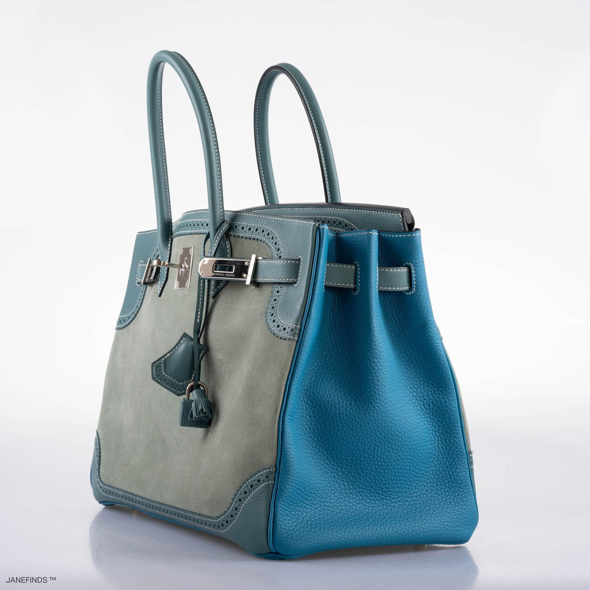 Hermes Ghillies Birkin 35 Ciel Doblis, Turquoise Togo & Blue Jean Swift with Palladium Hardware