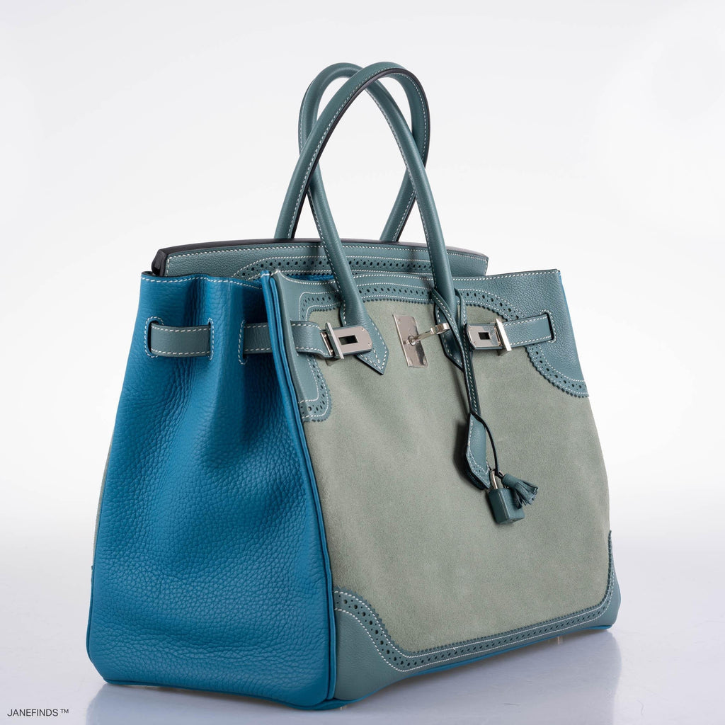 Hermes Ghillies Birkin 35 Ciel Doblis, Turquoise Togo & Blue Jean Swift with Palladium Hardware