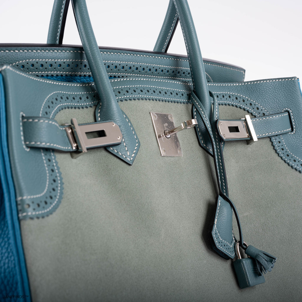 Hermes Ghillies Birkin 35 Ciel Doblis, Turquoise Togo & Blue Jean Swift with Palladium Hardware