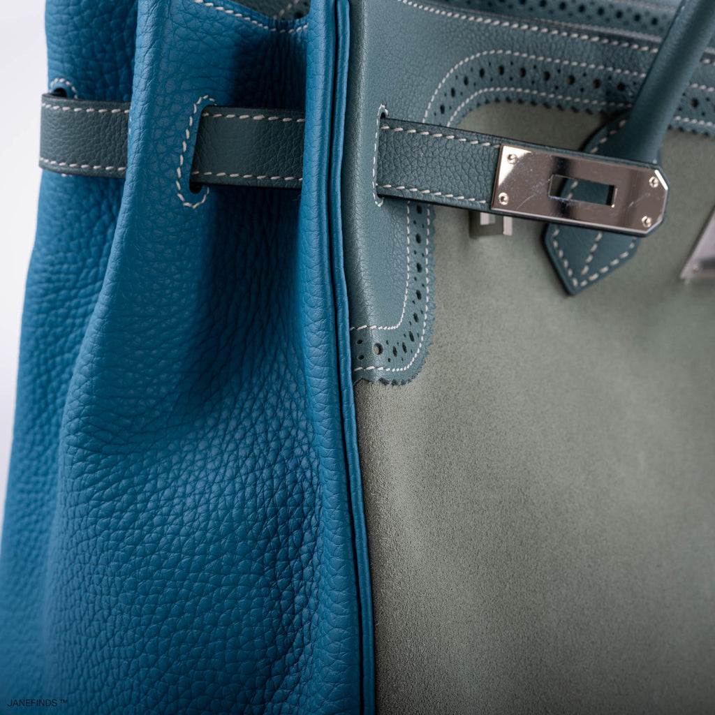 Hermes Ghillies Birkin 35 Ciel Doblis, Turquoise Togo & Blue Jean Swift with Palladium Hardware