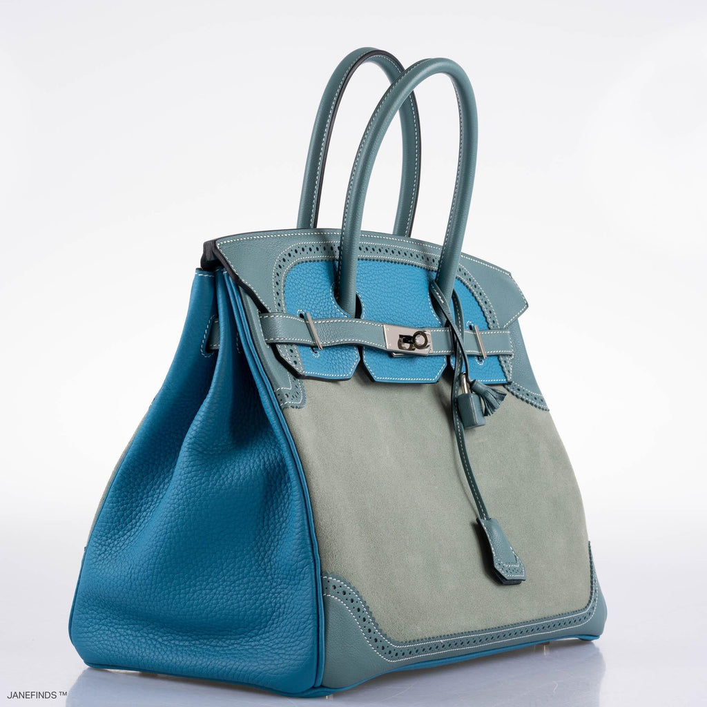 Hermes Ghillies Birkin 35 Ciel Doblis, Turquoise Togo & Blue Jean Swift with Palladium Hardware