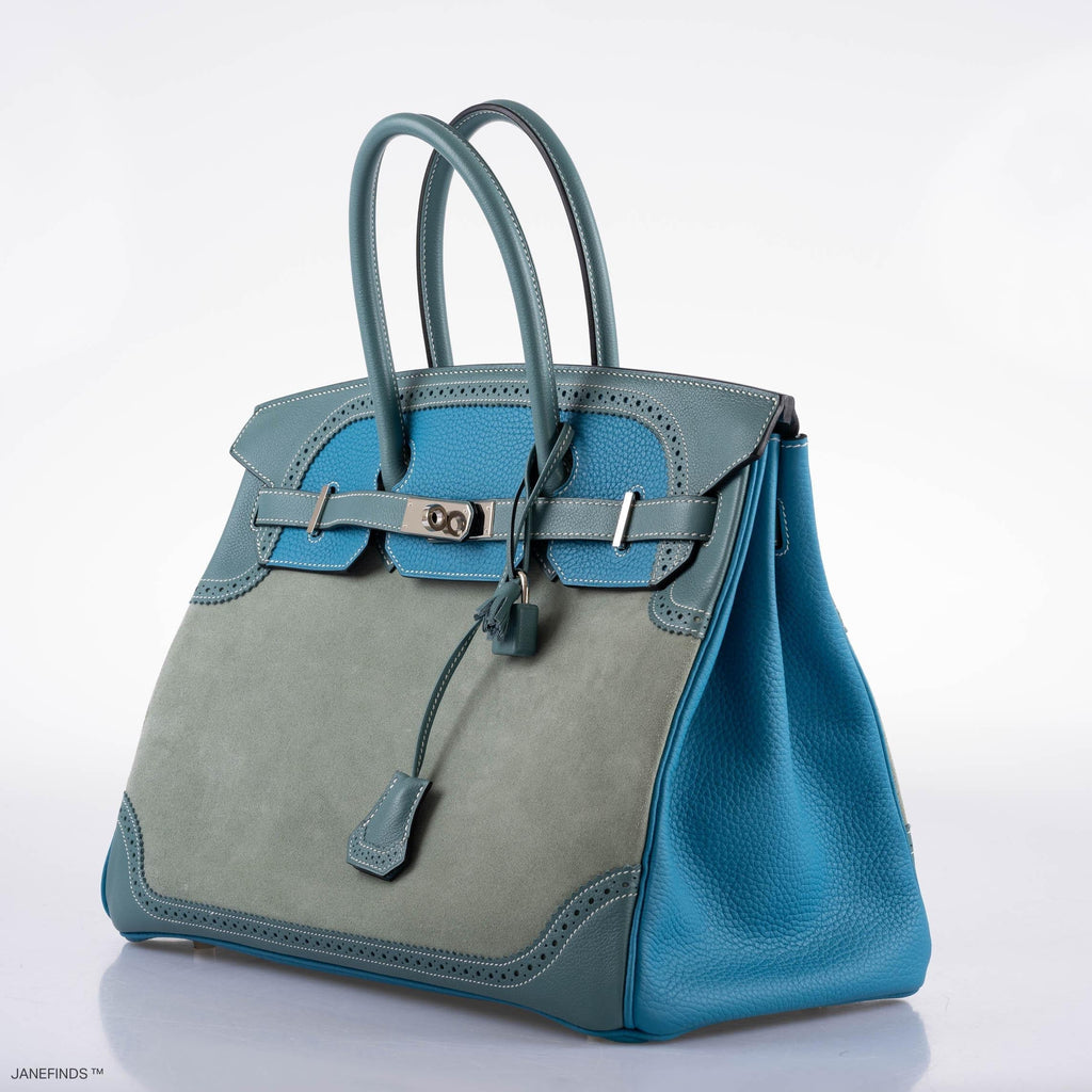 Hermes Ghillies Birkin 35 Ciel Doblis, Turquoise Togo & Blue Jean Swift with Palladium Hardware