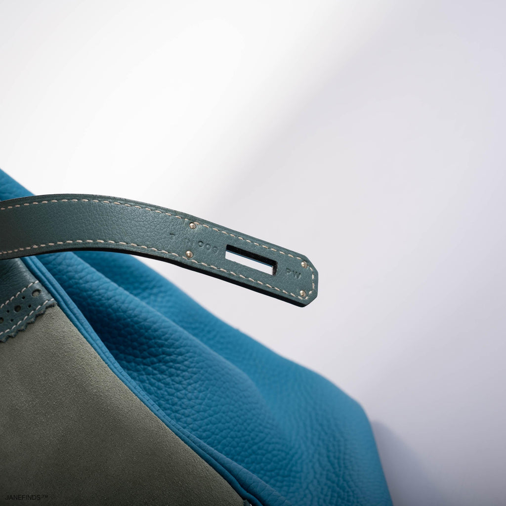 Hermes Ghillies Birkin 35 Ciel Doblis, Turquoise Togo & Blue Jean Swift with Palladium Hardware