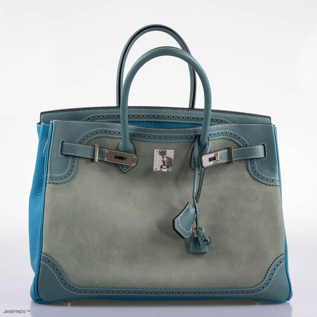 Hermes Ghillies Birkin 35 Ciel Doblis, Turquoise Togo & Blue Jean Swift with Palladium Hardware