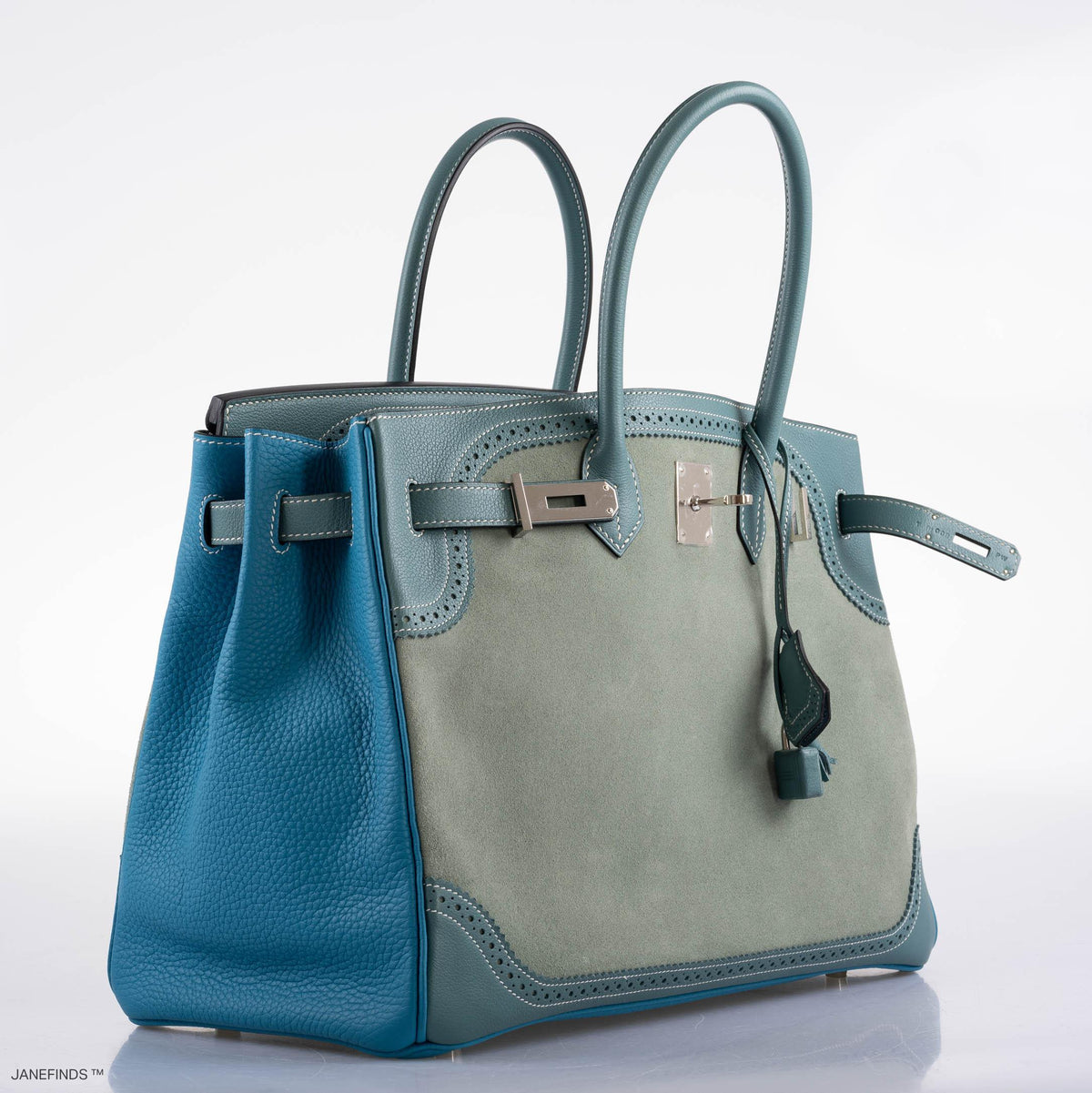 Hermes Ghillies Birkin 35 Ciel Doblis, Turquoise Togo & Blue Jean Swift with Palladium Hardware
