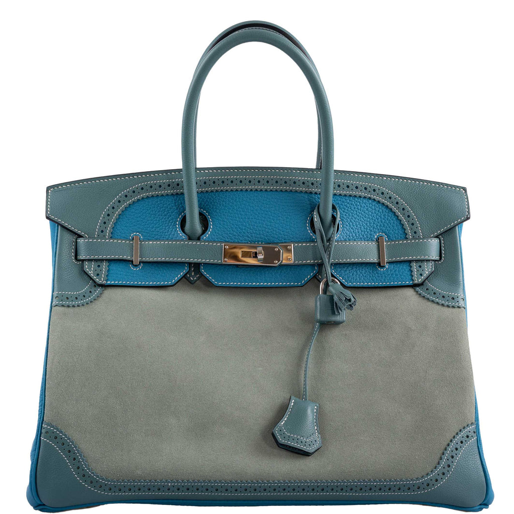Hermes Ghillies Birkin 35 Ciel Doblis, Turquoise Togo & Blue Jean Swift with Palladium Hardware