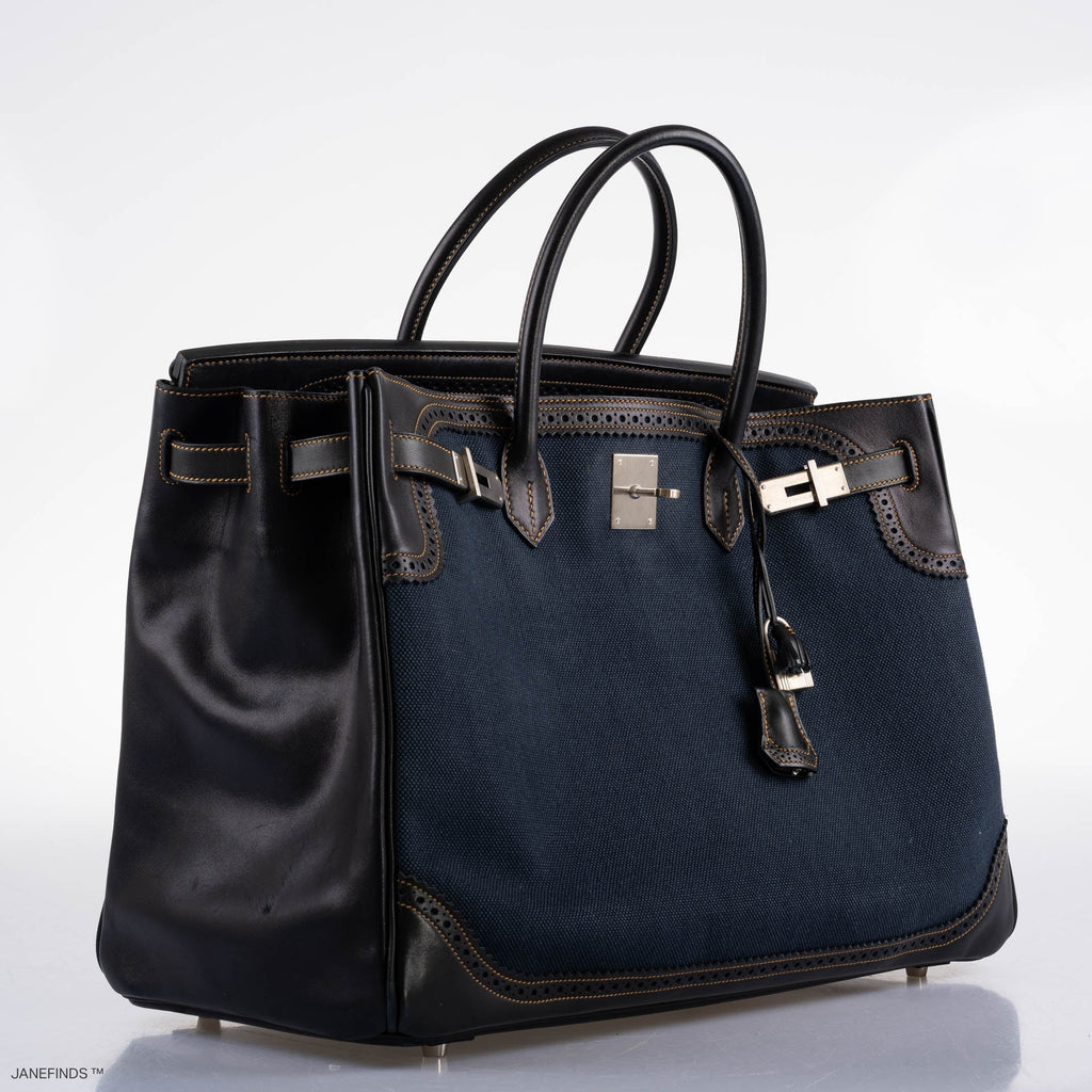 Hermes Ghillies Birkin 40 Indigo Denim & Black Evercalf with Brushed Palladium Hardware