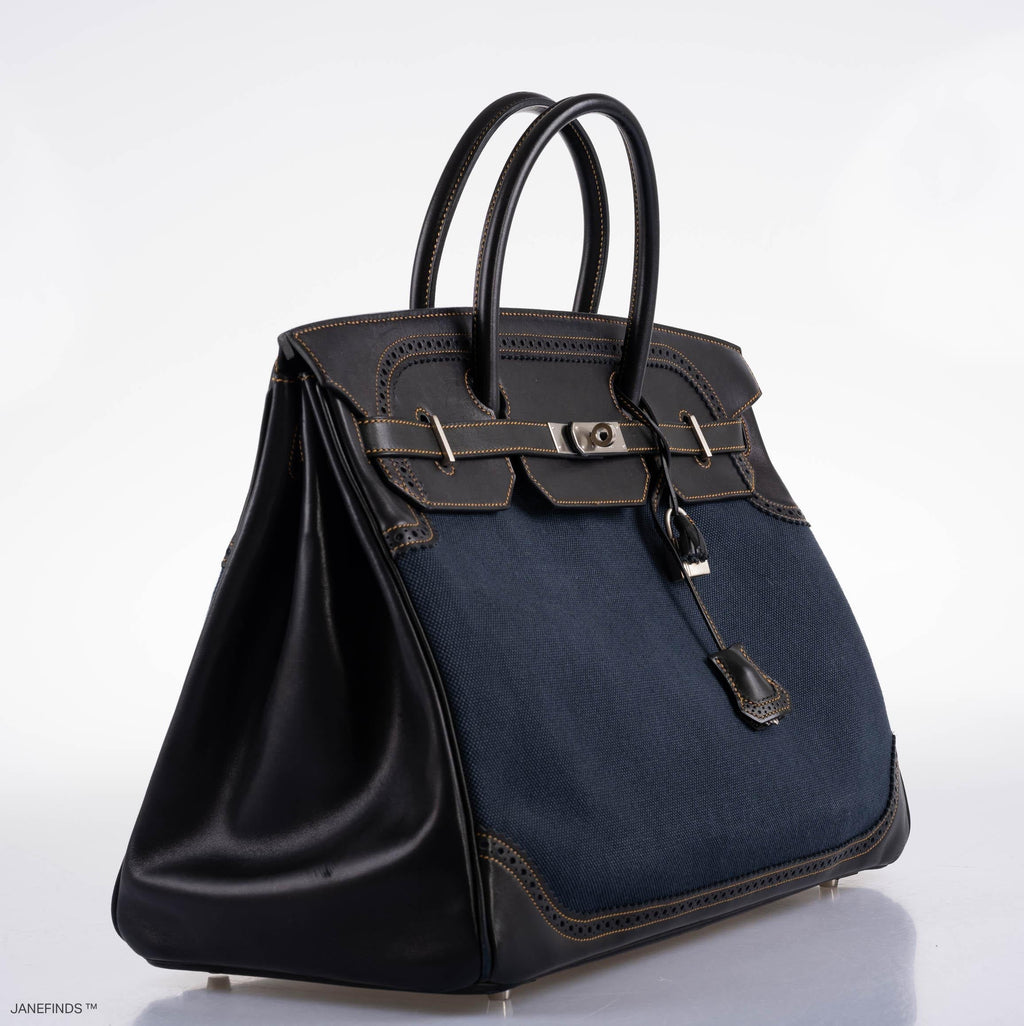 Hermes Ghillies Birkin 40 Indigo Denim & Black Evercalf with Brushed Palladium Hardware