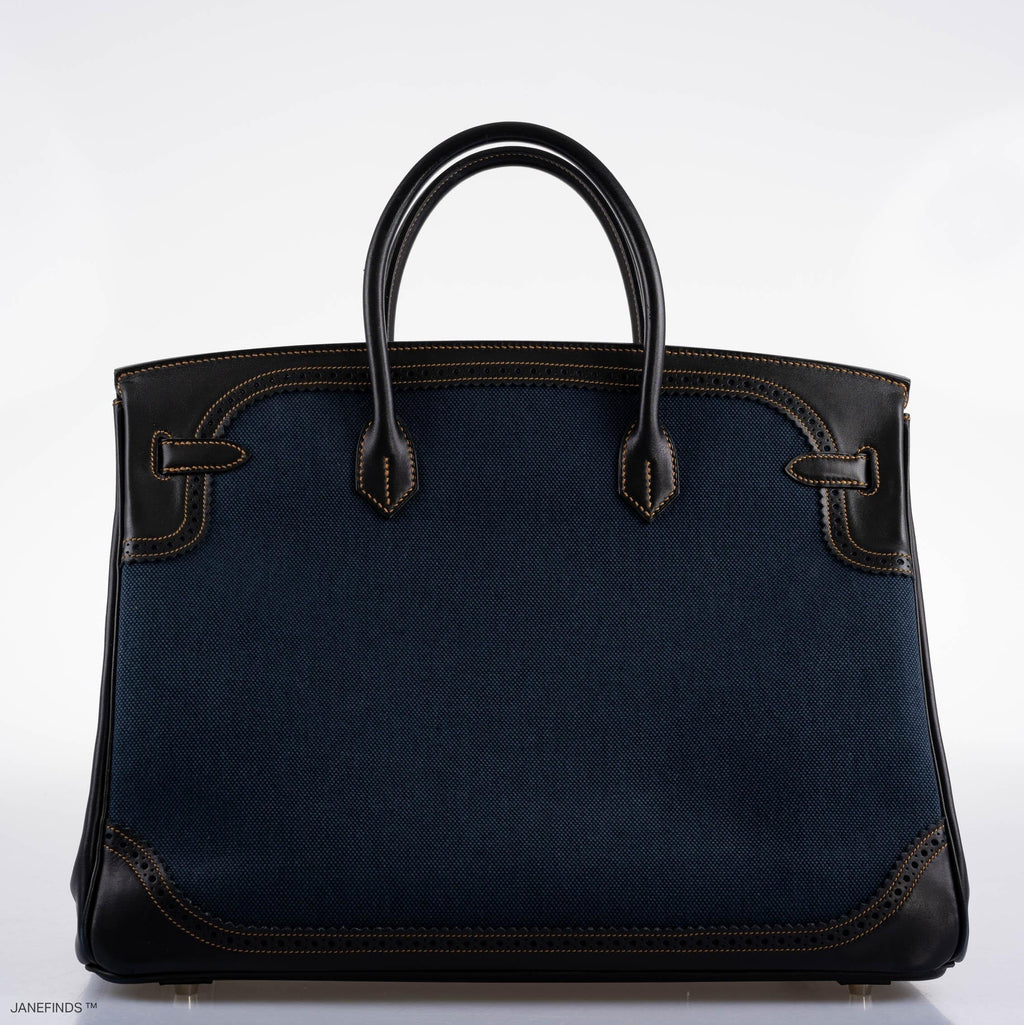 Hermes Ghillies Birkin 40 Indigo Denim & Black Evercalf with Brushed Palladium Hardware