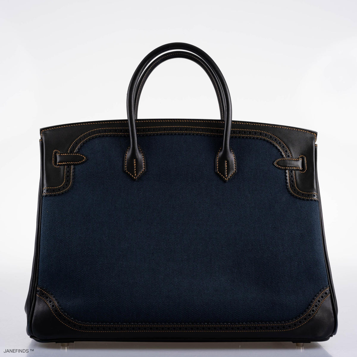 Hermes Ghillies Birkin 40 Indigo Denim & Black Evercalf with Brushed Palladium Hardware