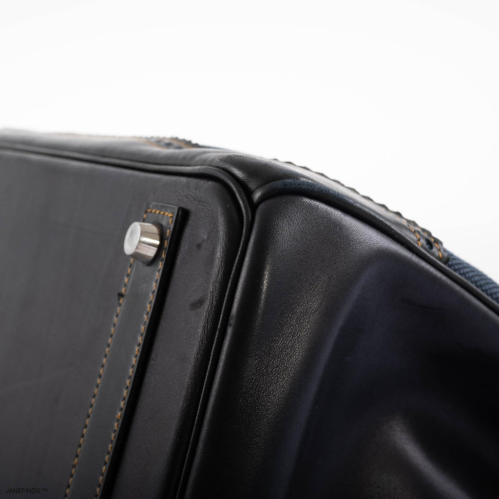 Hermes Ghillies Birkin 40 Indigo Denim & Black Evercalf with Brushed Palladium Hardware