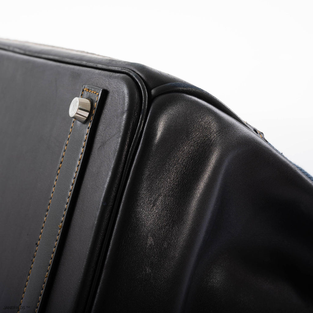 Hermes Ghillies Birkin 40 Indigo Denim & Black Evercalf with Brushed Palladium Hardware