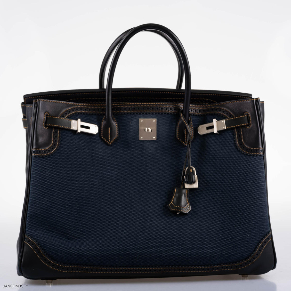 Hermes Ghillies Birkin 40 Indigo Denim & Black Evercalf with Brushed Palladium Hardware