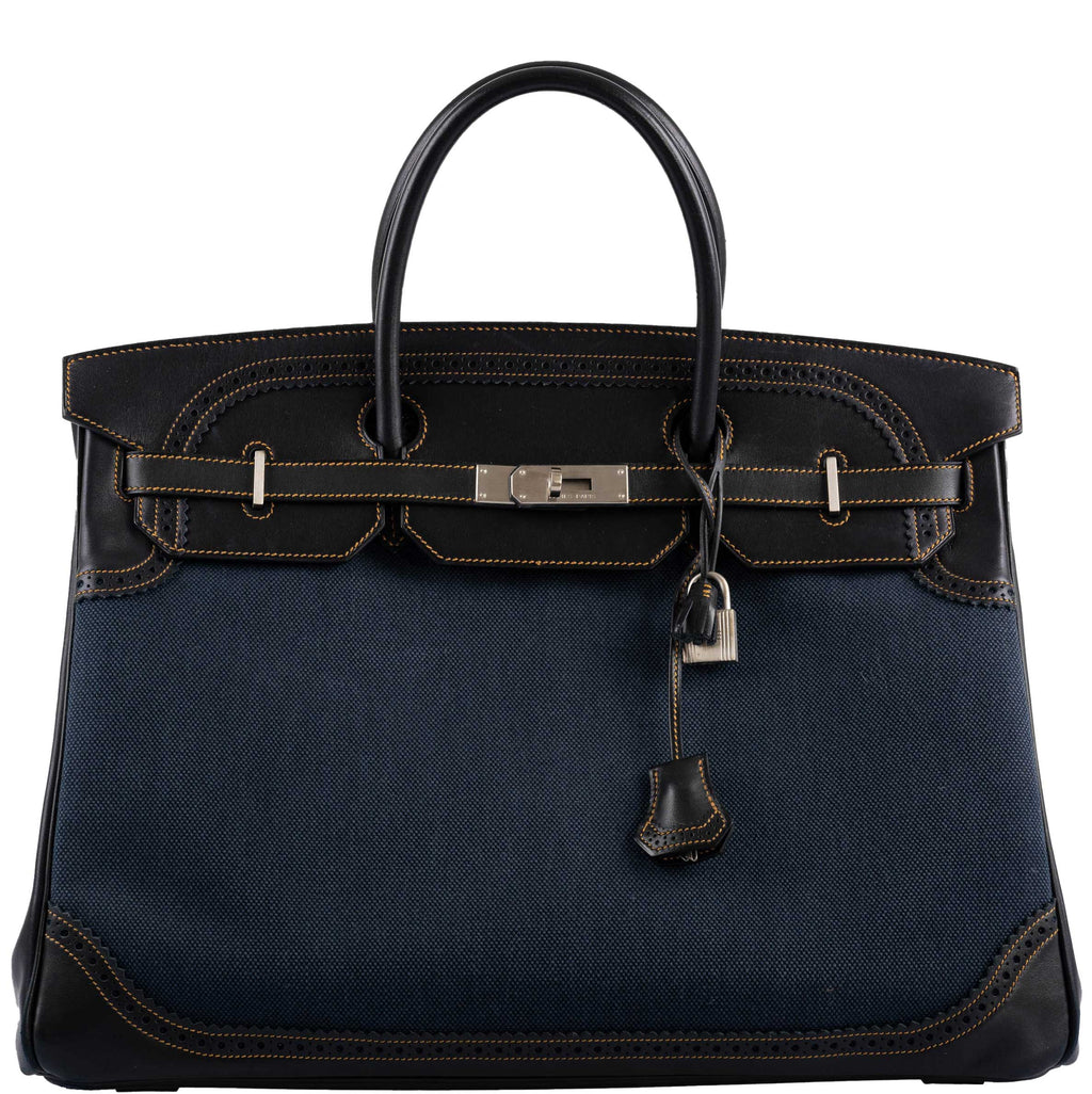 Hermes Ghillies Birkin 40 Indigo Denim & Black Evercalf with Brushed Palladium Hardware