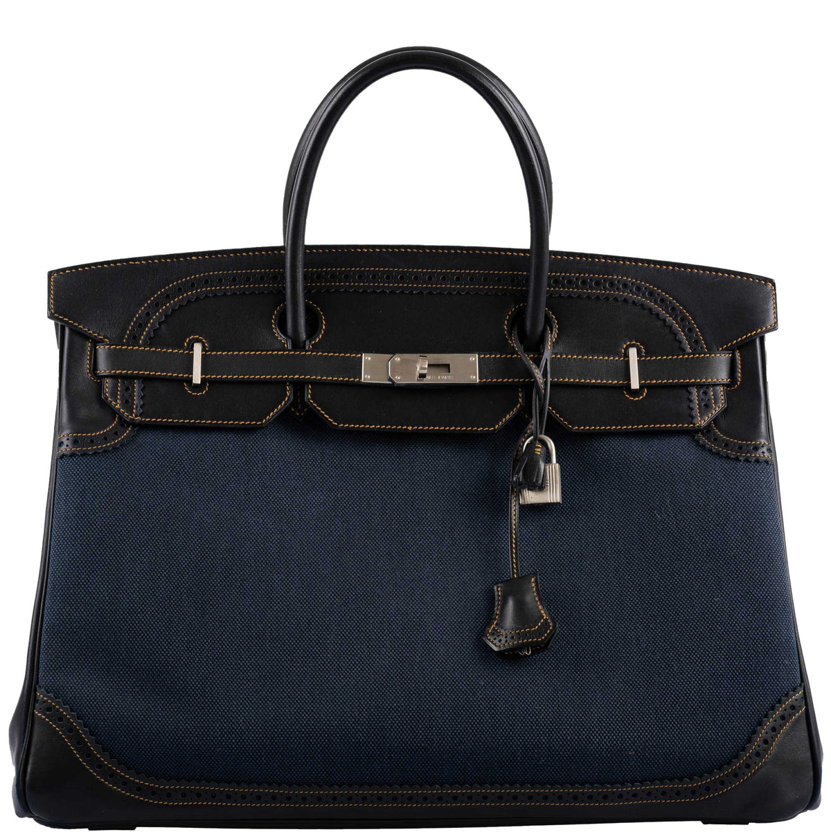 Hermes Ghillies Birkin 40 Indigo Denim & Black Evercalf with Brushed Palladium Hardware