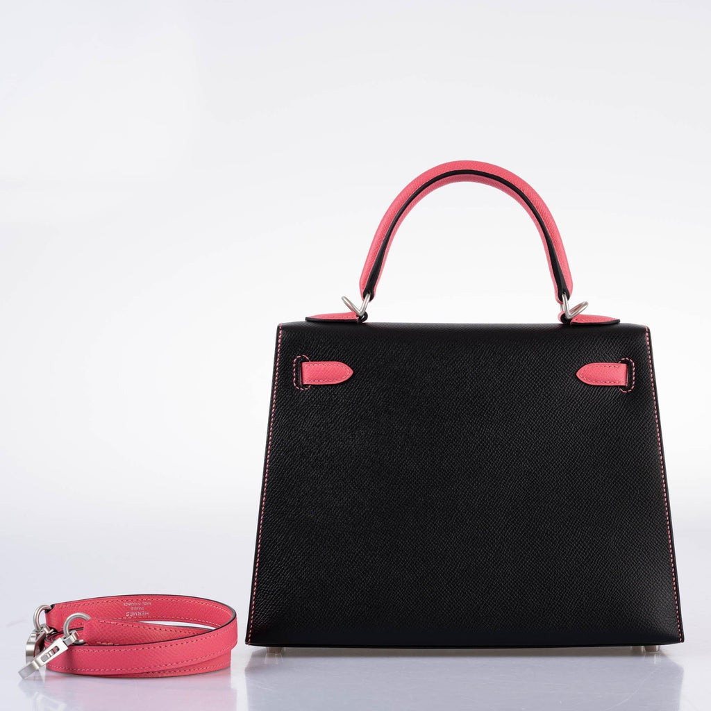 Hermes HSS Kelly 25 Sellier Rose Azalee & Black Epsom with Brushed Palladium Hardware