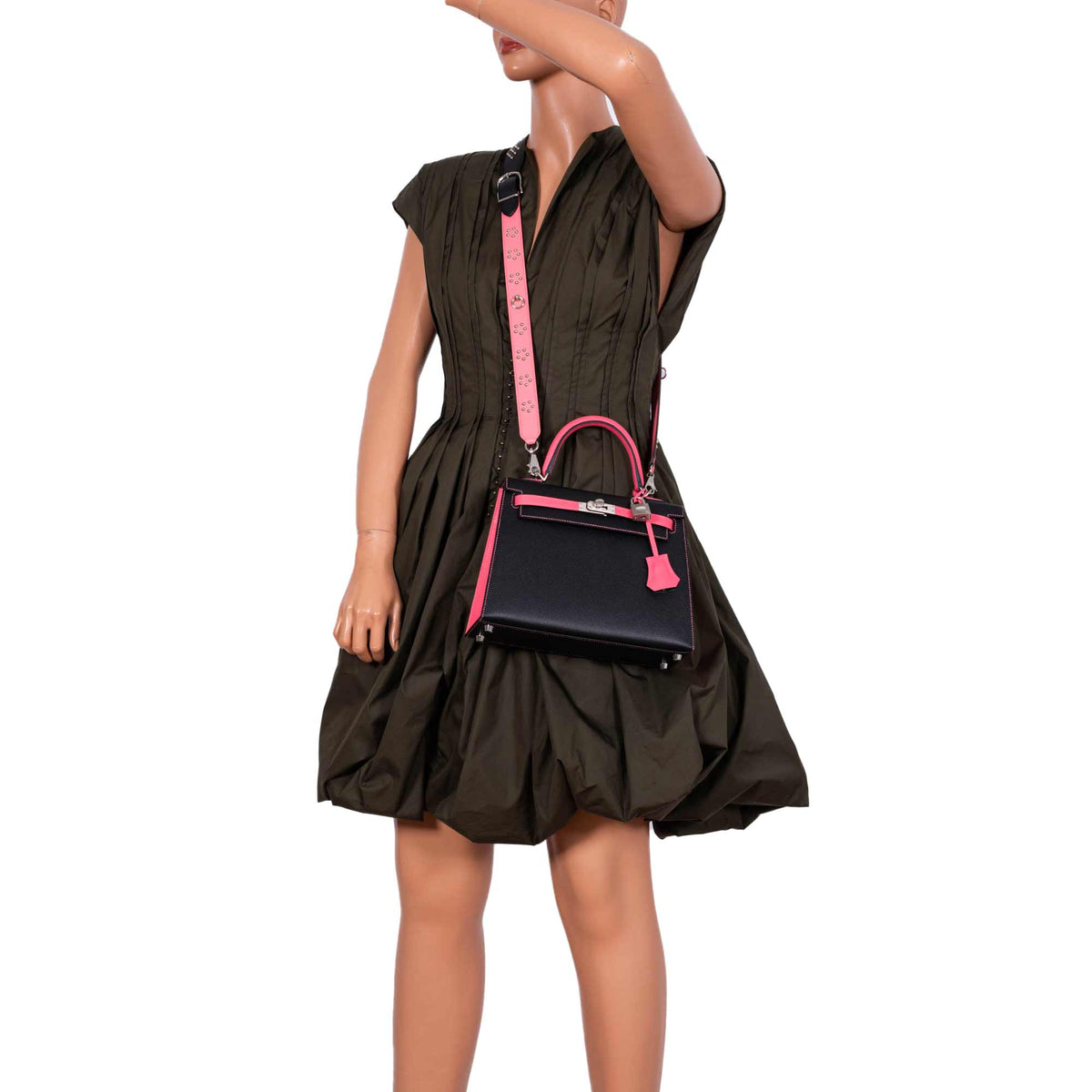 Hermes HSS Kelly 25 Sellier Rose Azalee & Black Epsom with Brushed Palladium Hardware