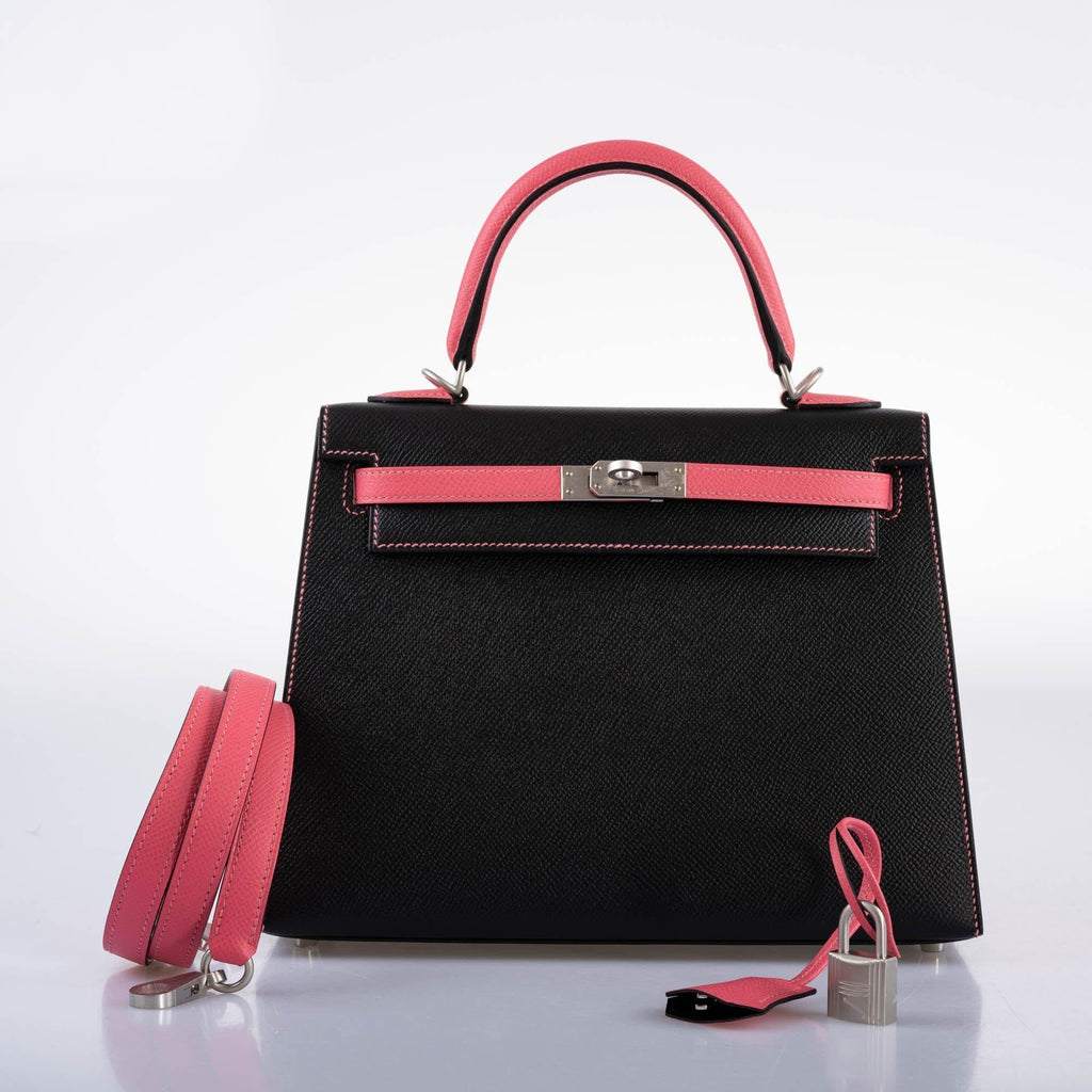 Hermes HSS Kelly 25 Sellier Rose Azalee & Black Epsom with Brushed Palladium Hardware