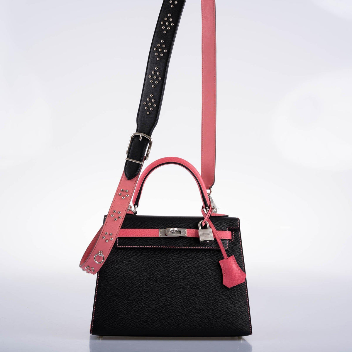 Hermes HSS Kelly 25 Sellier Rose Azalee & Black Epsom with Brushed Palladium Hardware
