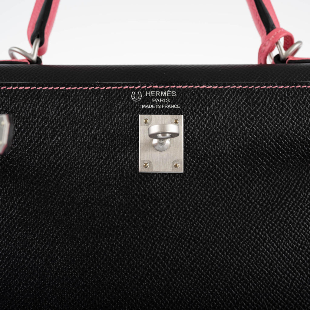 Hermes HSS Kelly 25 Sellier Rose Azalee & Black Epsom with Brushed Palladium Hardware