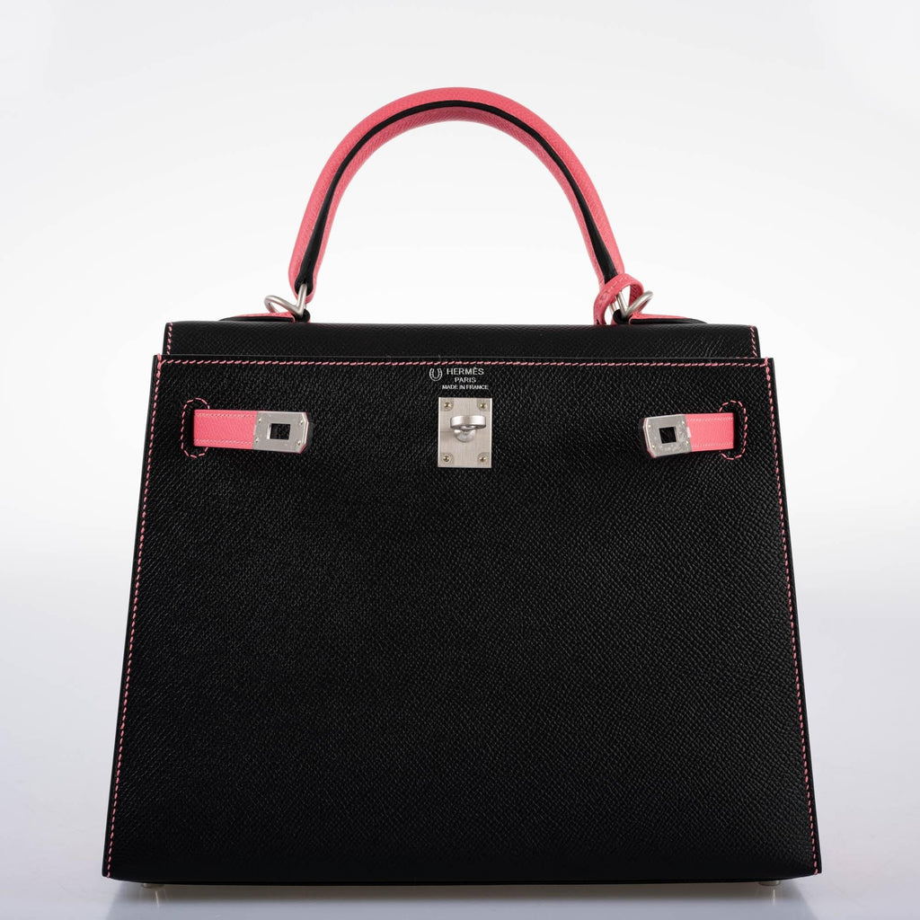 Hermes HSS Kelly 25 Sellier Rose Azalee & Black Epsom with Brushed Palladium Hardware