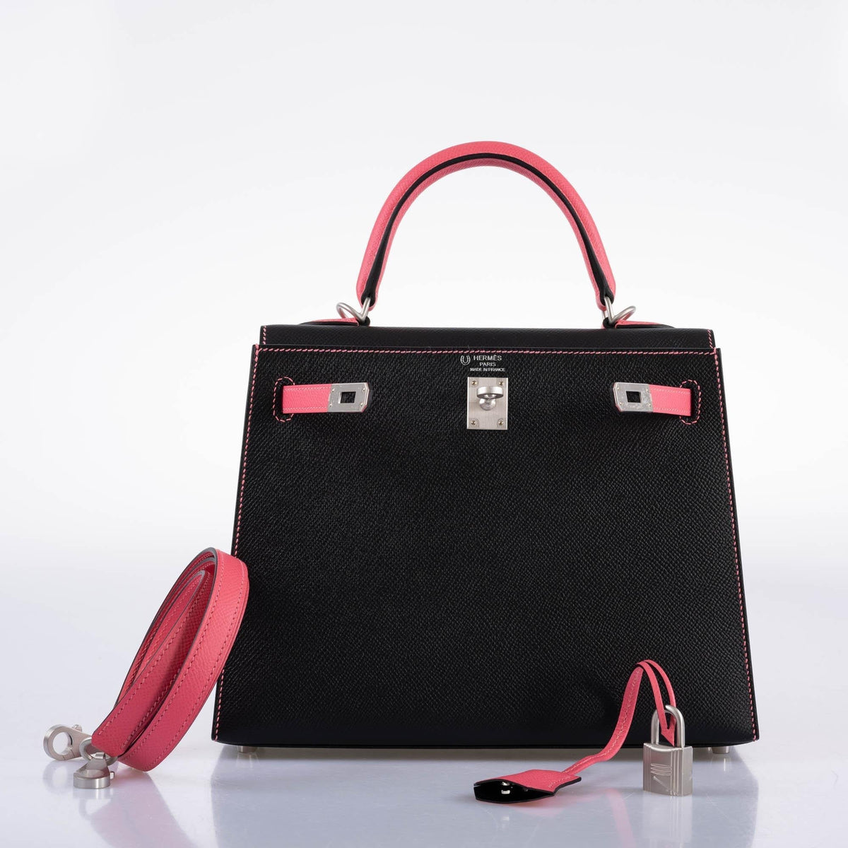 Hermes HSS Kelly 25 Sellier Rose Azalee & Black Epsom with Brushed Palladium Hardware