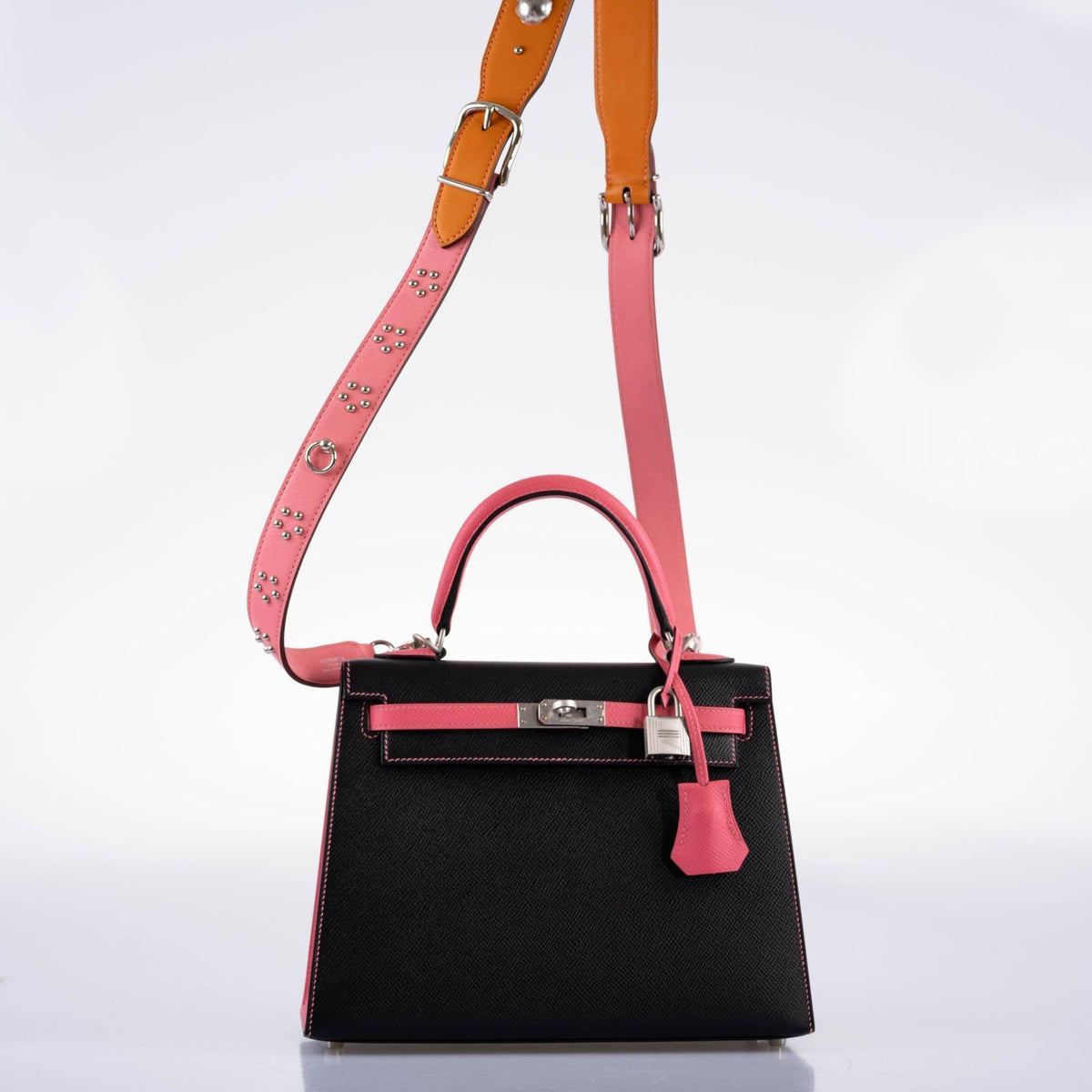 Hermes HSS Kelly 25 Sellier Rose Azalee & Black Epsom with Brushed Palladium Hardware