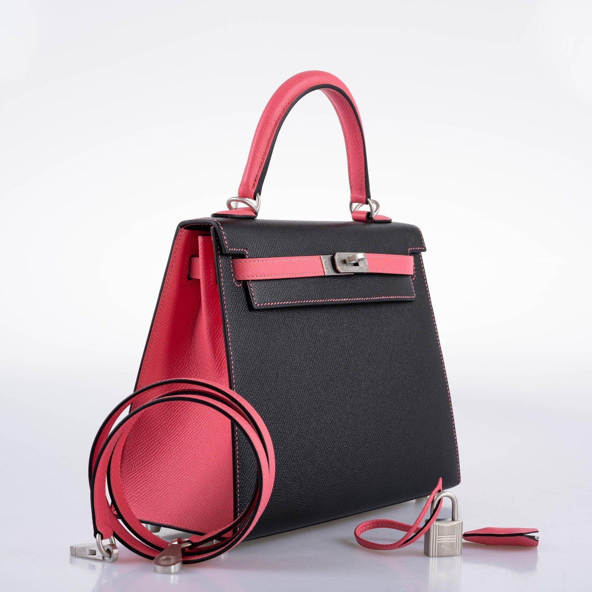 Hermes HSS Kelly 25 Sellier Rose Azalee & Black Epsom with Brushed Palladium Hardware