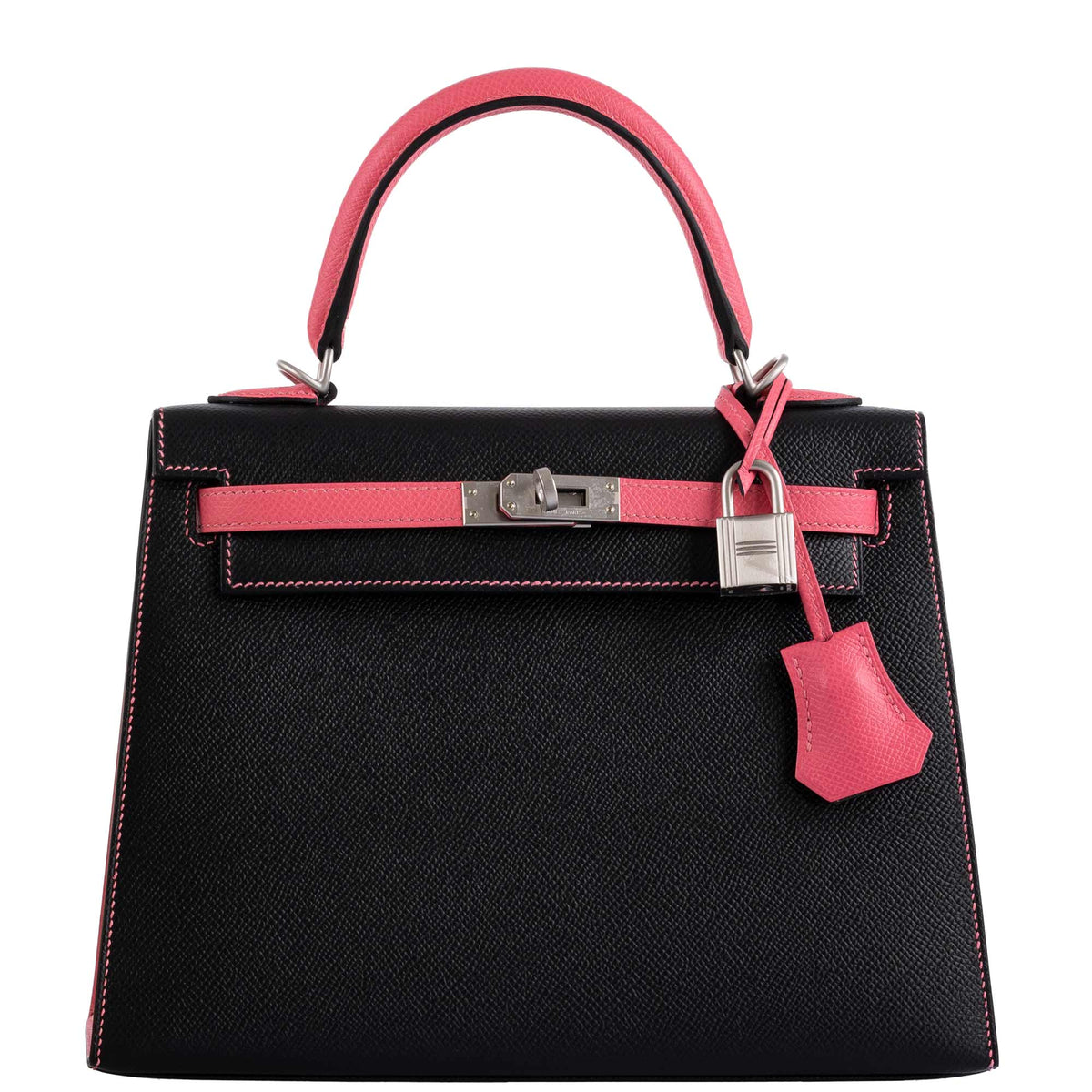 Hermes HSS Kelly 25 Sellier Rose Azalee & Black Epsom with Brushed Palladium Hardware