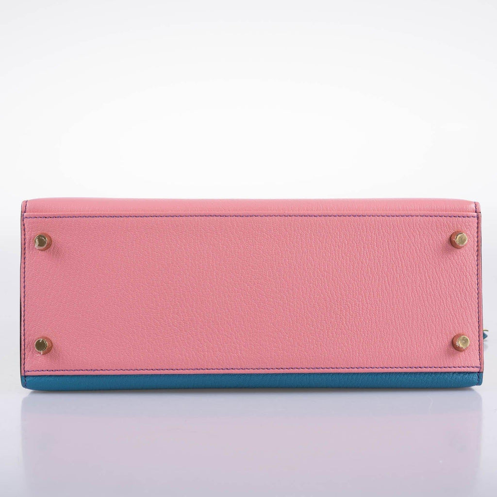 Hermes HSS Kelly 28 Sellier Tri-Color Rose Confetti, Lime & Blue Aztec Chevre with Brushed Gold Hardware